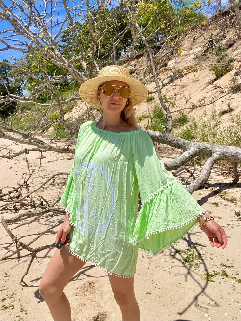 BOHO Lime Green Off-Shoulder Pom Pom Beach Cover-Up! 🐚